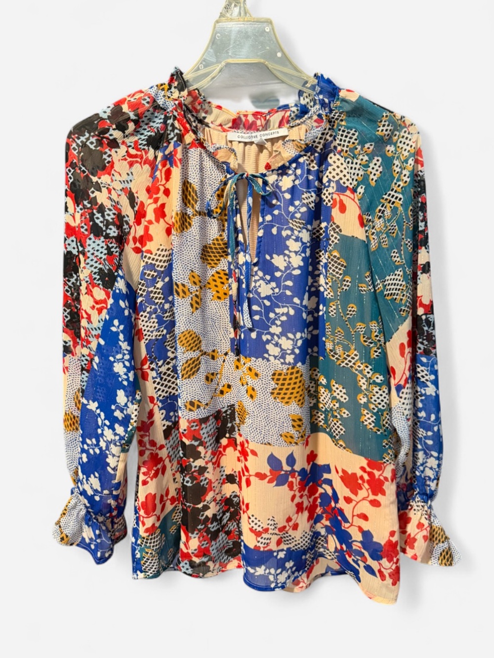 Collective Concepts Multicolor Floral Patchwork Tie-Neck Blouse